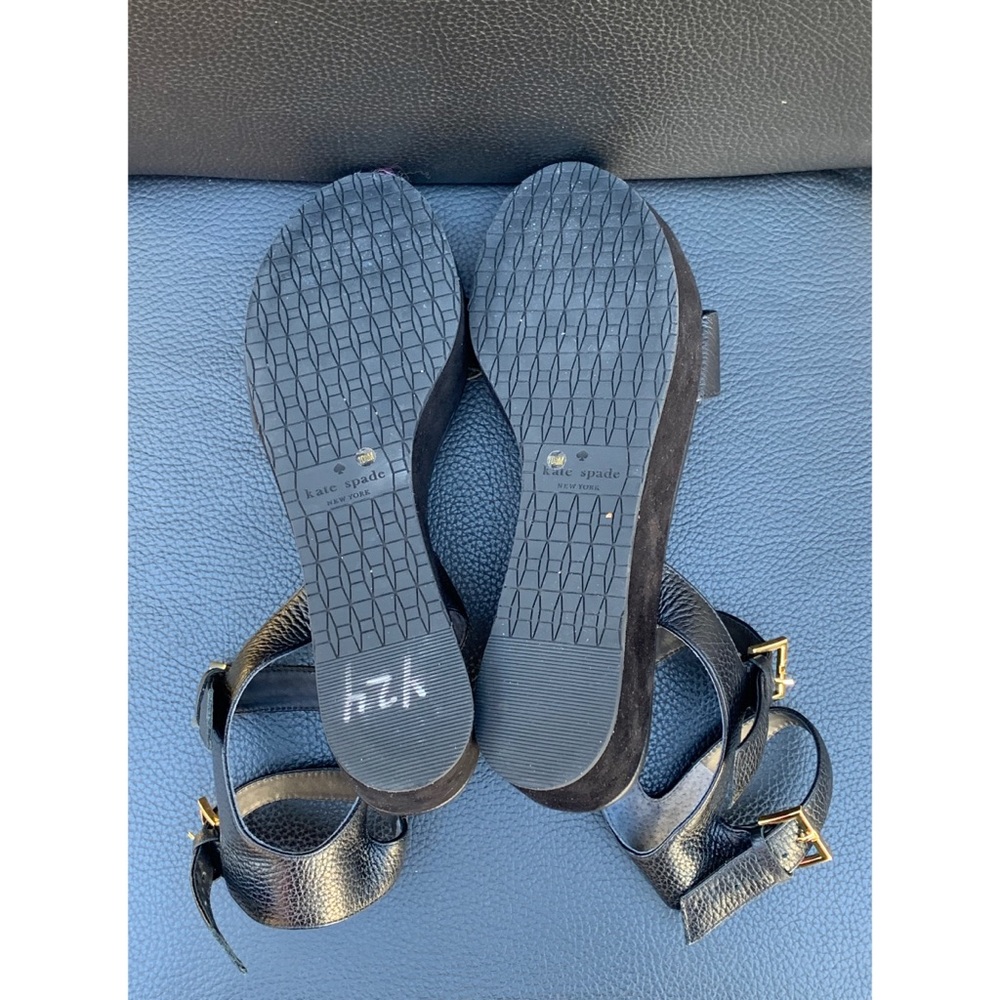 kate spade Black Leather Ankle-Strap Platform Sandals with Gold Buckles - Picture 5 of 5